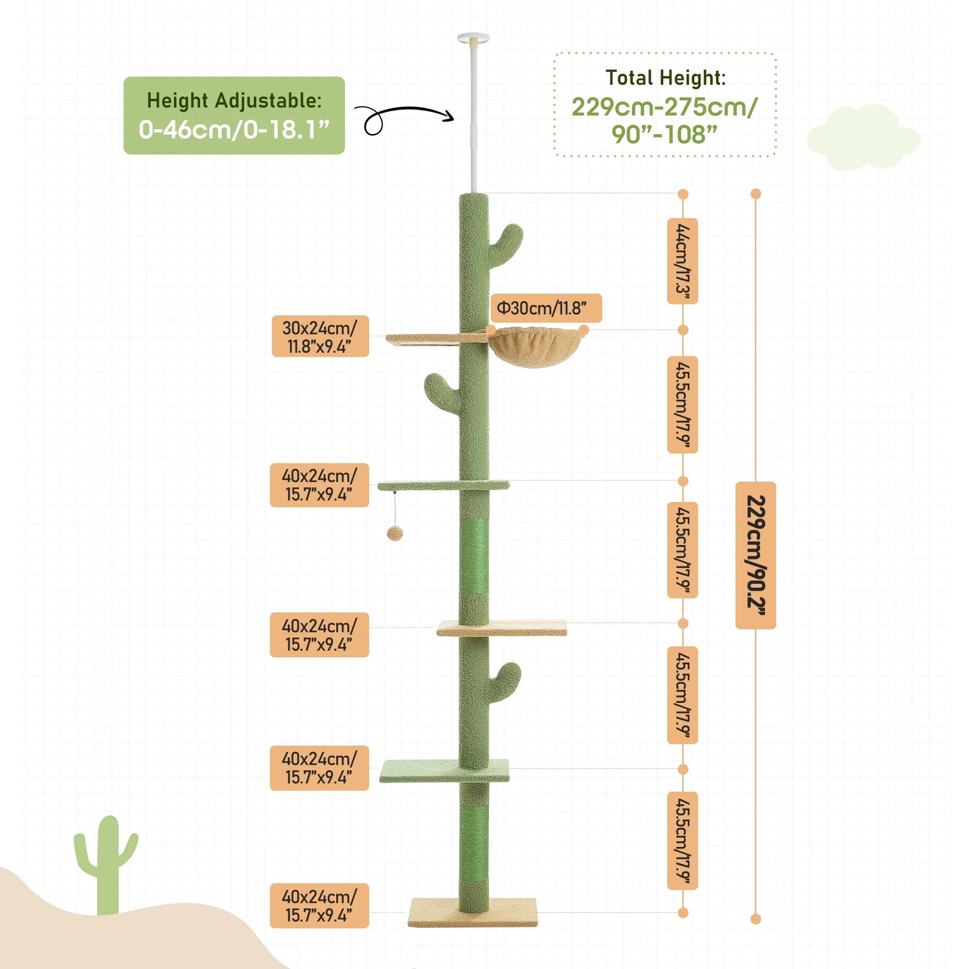 Tall Cat Tree Cactus Floor to Ceiling Cat Tower 95-108" Sisal Scratching Post for Indoor Cats