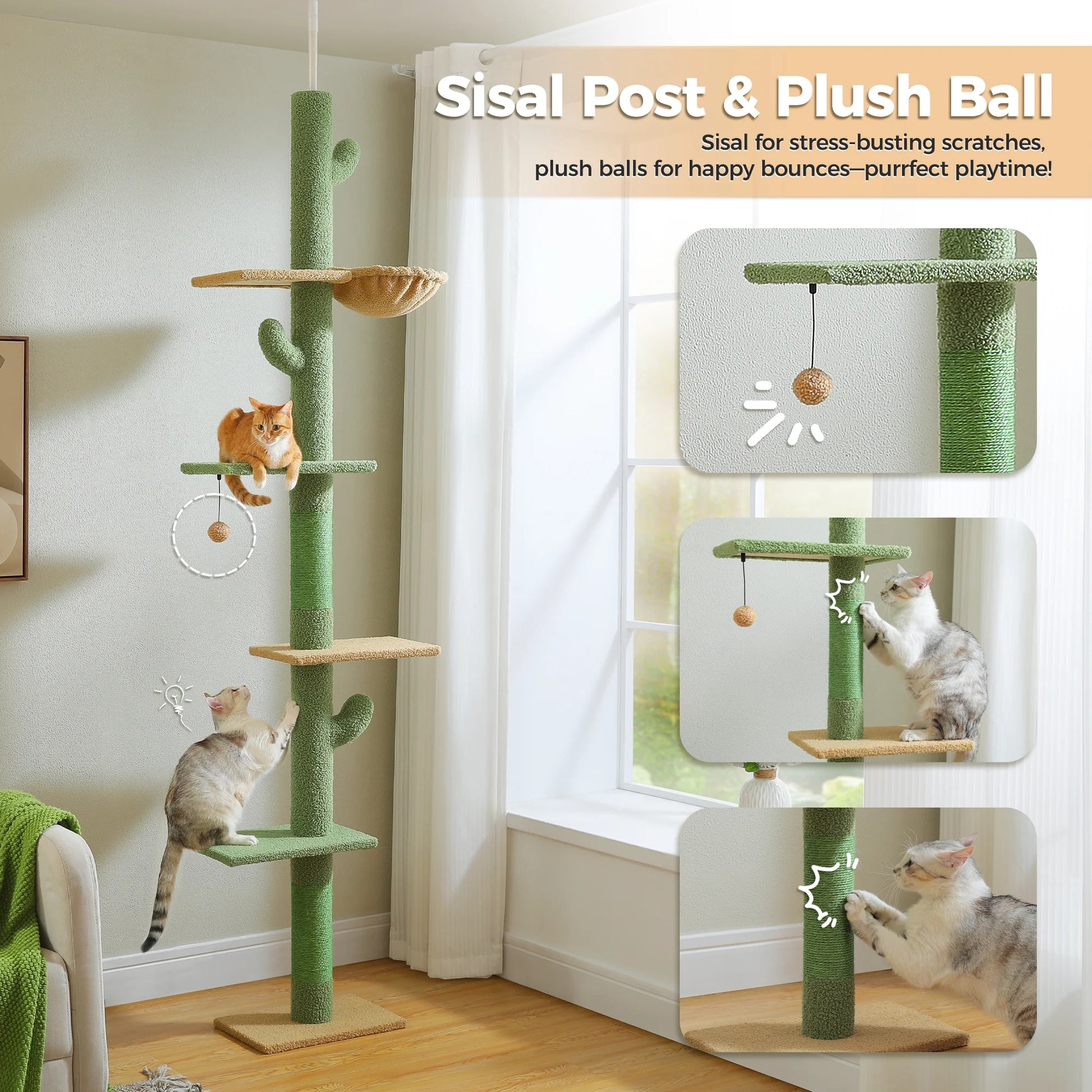 Tall Cat Tree Cactus Floor to Ceiling Cat Tower 95-108" Sisal Scratching Post for Indoor Cats