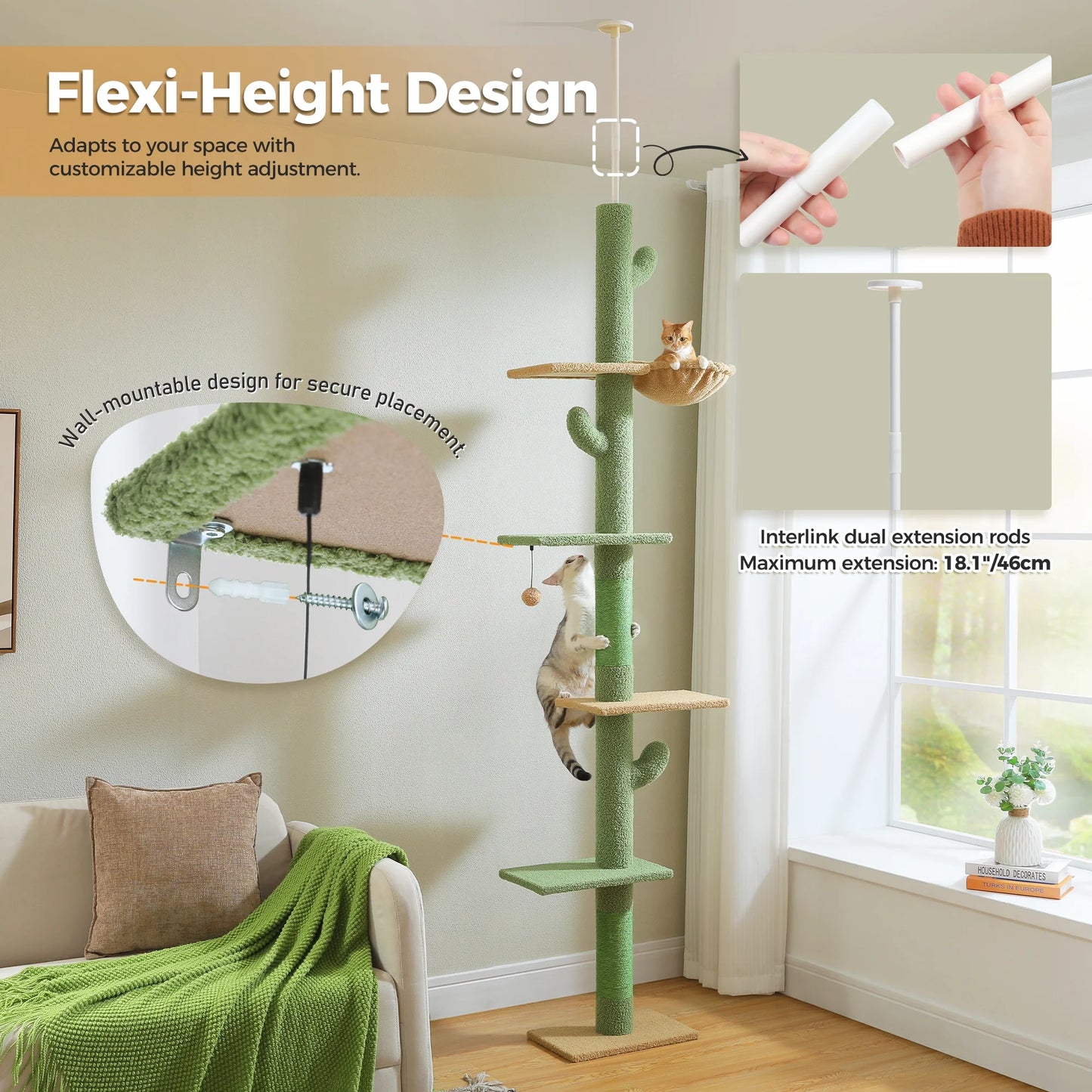 Tall Cat Tree Cactus Floor to Ceiling Cat Tower 95-108" Sisal Scratching Post for Indoor Cats